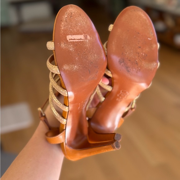 Tory Burch Size 8 Camel Tan and Gold Strappy Heels Metallic Leather Sandal Shoes - Picture 10 of 15